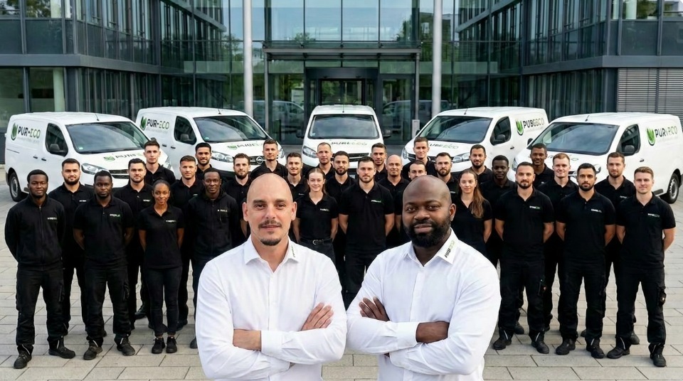 Pur-Eco Team vor den Firmenfahrzeugen